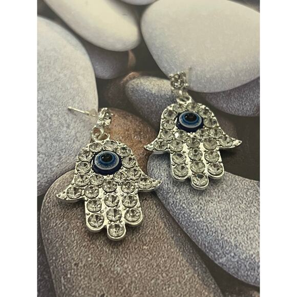 Evil Eye Silver Tone Crystal Dangle Earrings - Picture 2 of 3